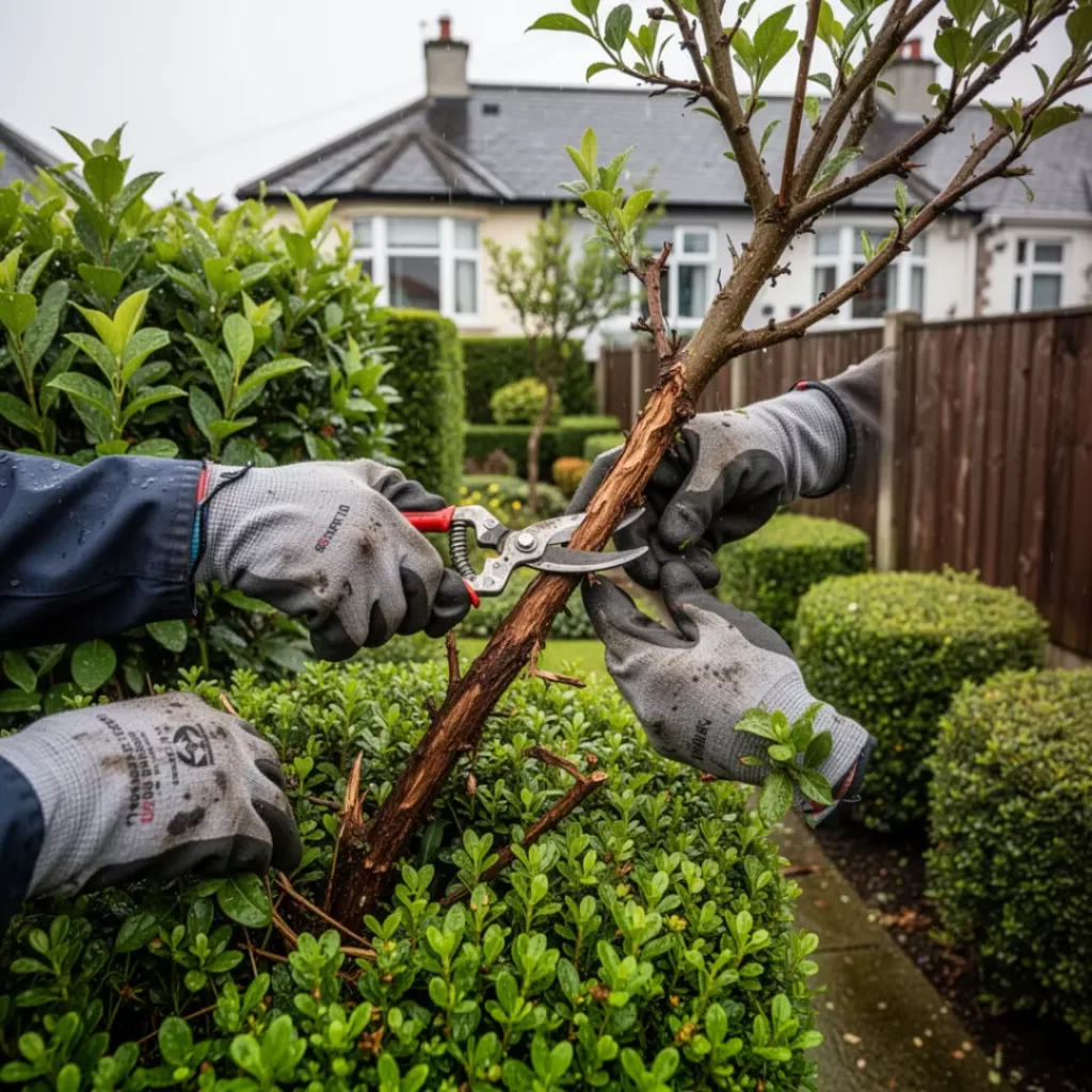 Our Professional gardener inspecting and removing dead and diseased branches
